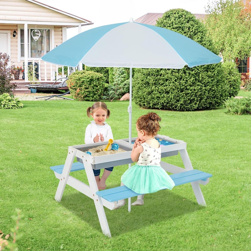 Olakids Kids Picnic Table, 4 in 1 Outdoor Toddler Sand Water Wooden Table and Chair Set with Removable Umbrella, Children Activity Furniture Bench Set for Patio Garden Backyard - Image 2